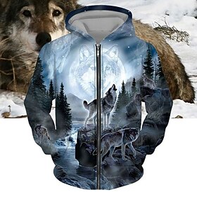 Men's Full Zip Hoodie Jacket Blue Hooded Wolf Graphic Prints Zipper Print Sports  Outdoor Daily Sports 3D Print Streetwear Designer Casual Spring   Fall Clothi