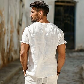 Homens Camisa Social camisa de linho Branco Manga Curta Gola Redonda Primavera  Outono Roupa