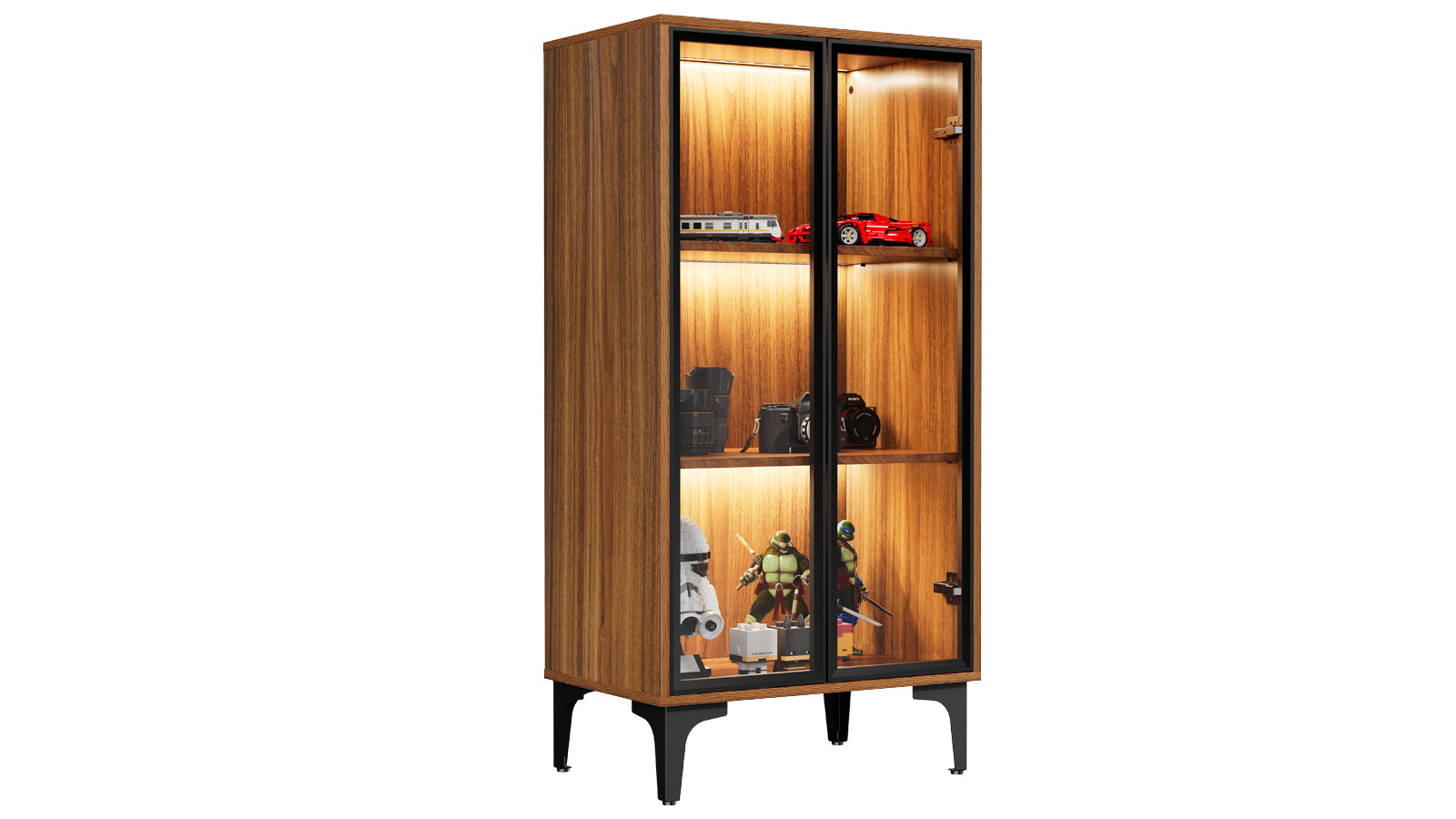 EUREKA ERGONOMIC Glass Door Solid Wood Curio Cabinet: Display Shelf Walnut