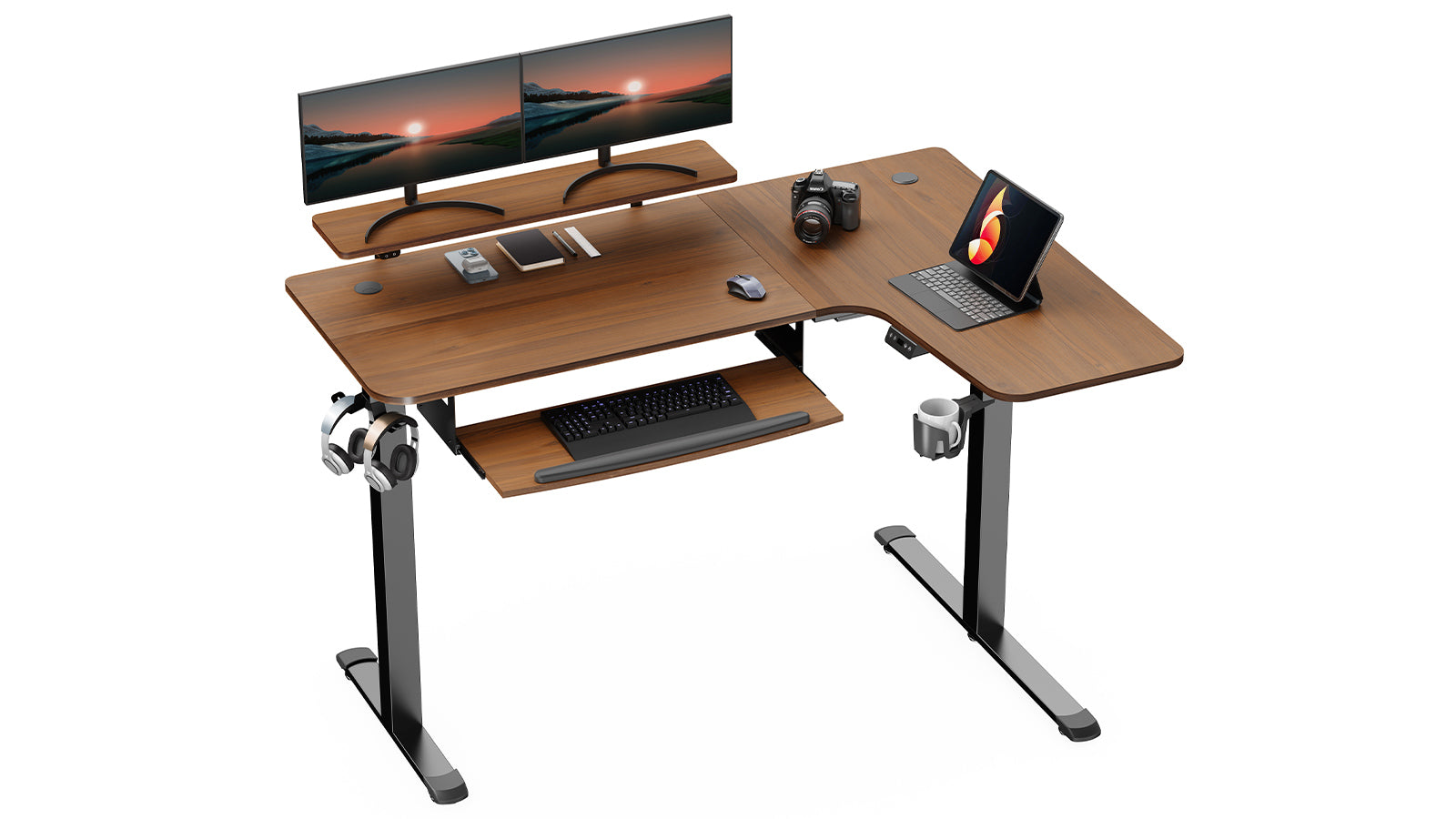 EUREKA ERGONOMIC L60 L-shaped Standing Desk: Key board tray Walnut - Right hand