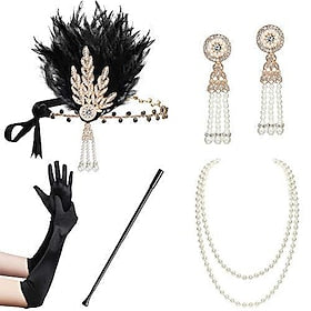 Rétro Vintage 1920s Gatsby le magnifique Bandeau Garçonne Ensemble d'accessoires Collier Boucles d'Oreille Charleston Femme Plume Mascarade Festival Gants