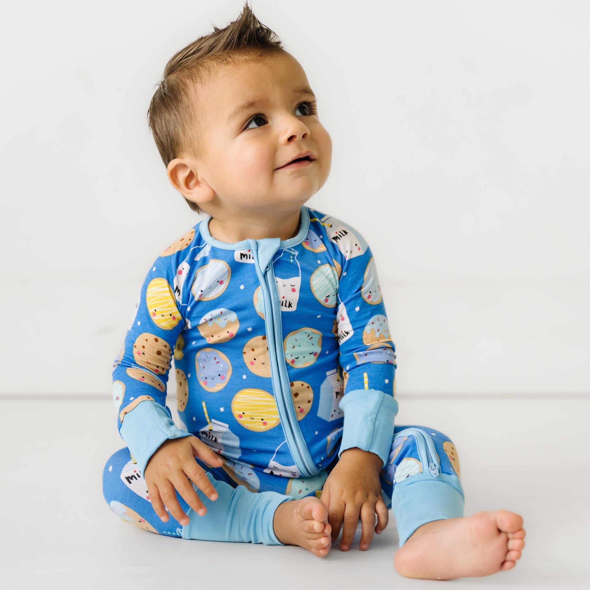 Baby Footie Pajamas With Mittens - Blue Cookies & Milk Bamboo Baby Boys & Girls Printed Sleeper Pajamas With 2-Way Zipper