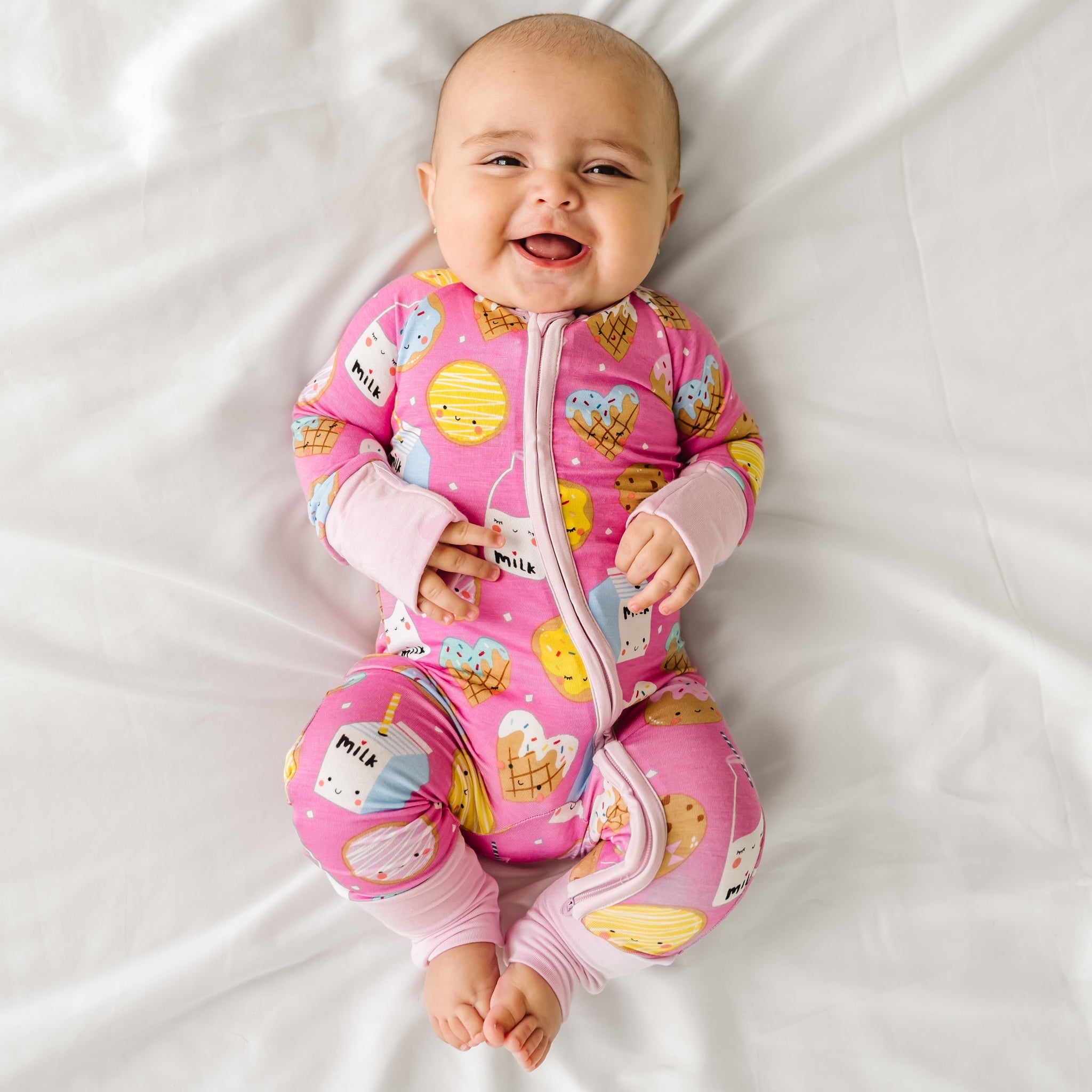 Newborn Footie - Pink Cookies & Milk Bamboo Baby Boys & Girls Printed Sleeper Pajamas With 2-Way Zipper