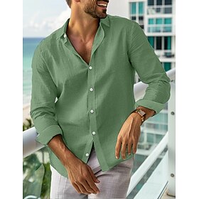 Homens camisa de linho camisa de verão Roupa de Praia camisa de botão Camisa casual Preto Branco Rosa Manga Longa Tecido Lapela Primavera Verão Casual Diário R