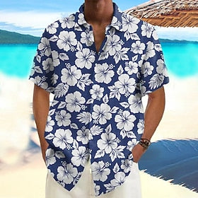 Homens camisa de verão Camisa casual camisa de praia Camisa havaiana Vermelho Azul Verde Manga Curta Flor - Plantas Lapela Primavera Verão Havaiana Feriado Rou