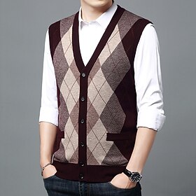 Men's Sweater Vest Wool Sweater Cardigan Knit Knitted Braided Color Block Halter Neck Vintage Style Daily Weekend Clothing Apparel Winter Fall Wine Light gray