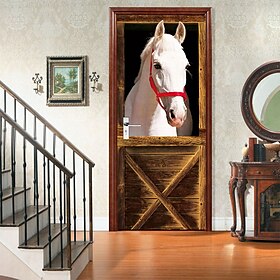 White Horse Pattern Self-adhesive Door Stickers Living Room DIY Decorative Home Waterproof Wall Stickers Removable PVC Home Decoration Wall Decal Wall Decorati